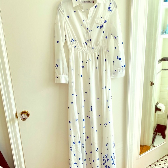 white dress with blue spots